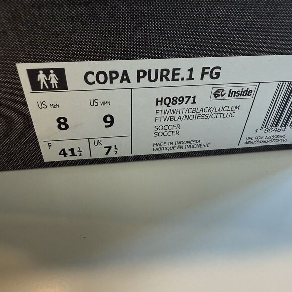 NEW ADIDAS COPA PURE.1 FG SOCCER CLEATS WHITE AND GREEN MENS Sz 8 / wmn 9 HQ8971